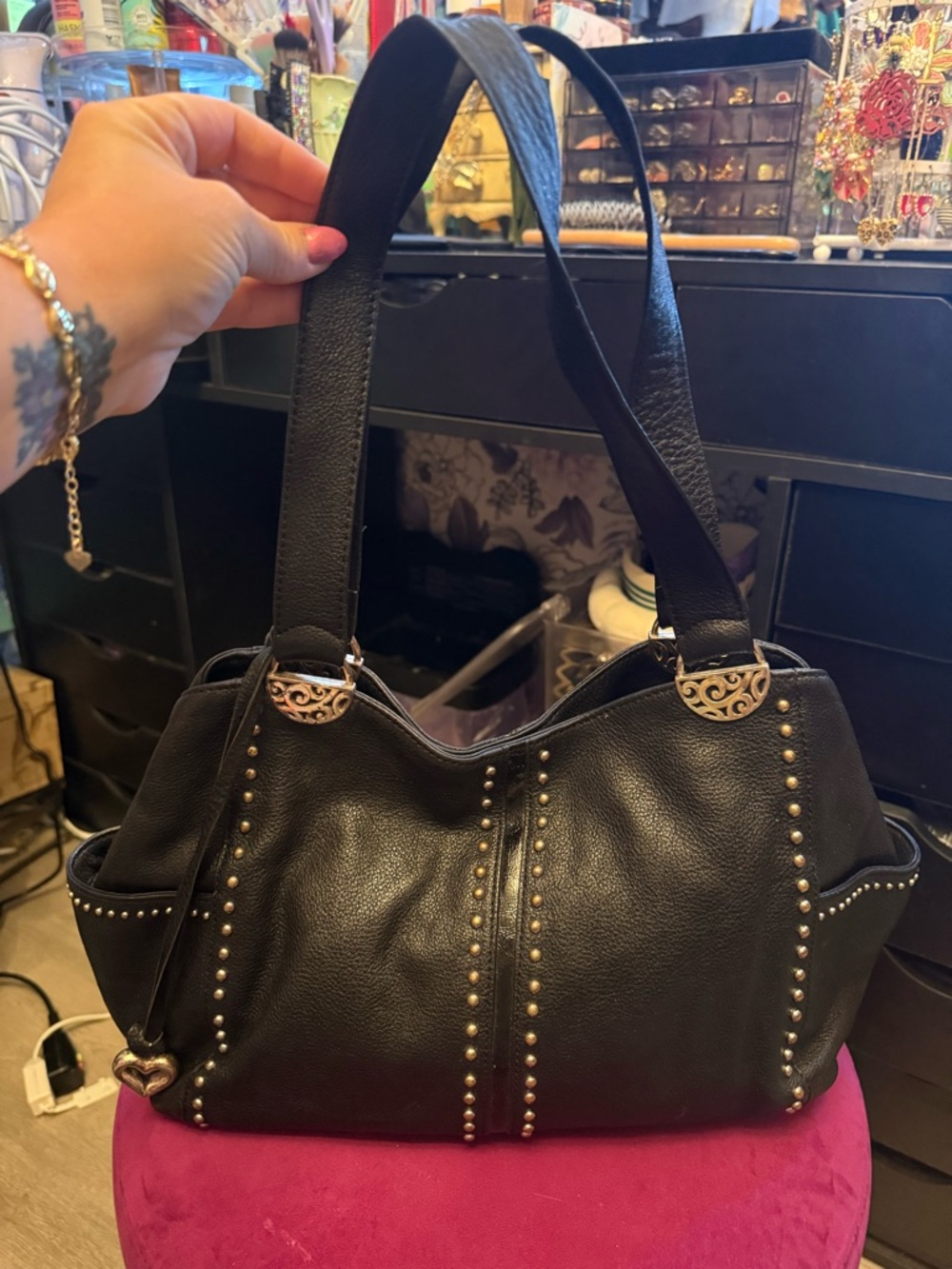 Brighton Black Leather Studded Shoulder Bag with Gold Accents